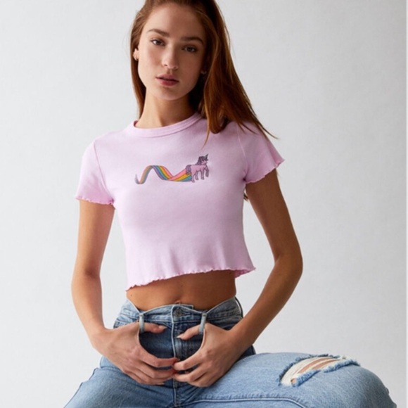 PacSun LA Pink Unicorn Dreams Cropped Tee Shirt Large - Picture 4 of 9